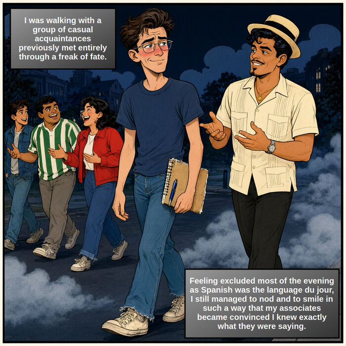 Comic panel: the narrator walks with a group of new acquaintances