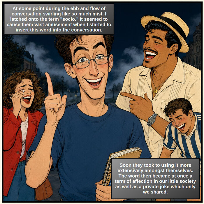 Comic panel: the group laughs as the narrator tries out the word socio