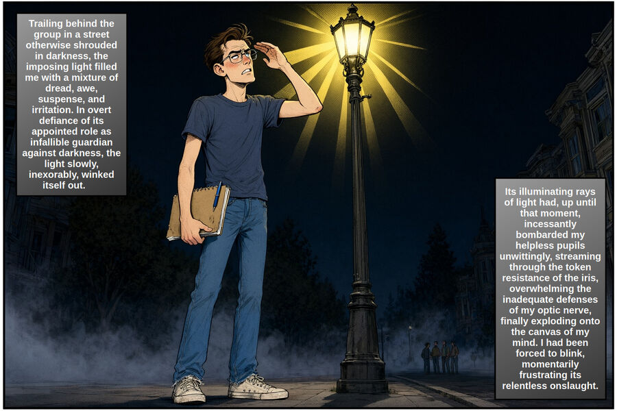 Comic panel: the narrator stares up at the streetlight